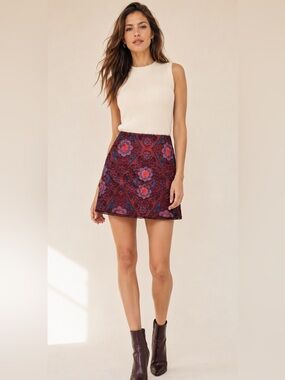 Sandro Paris Lily Lace A-Line Mini Skirt Embroidered Floral Size 3 Red Blue